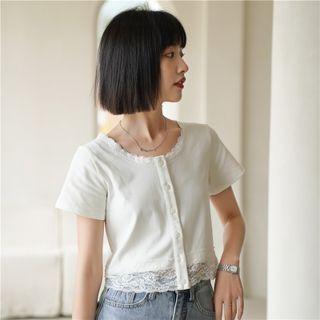 Crewneck Lace Cropped Top White - One Size