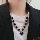 Pixelated Heart Pendant Faux Pearl Stainless Steel Necklace Black & White - One Size