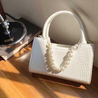 Faux-pearl Croc-grain Tote Bag