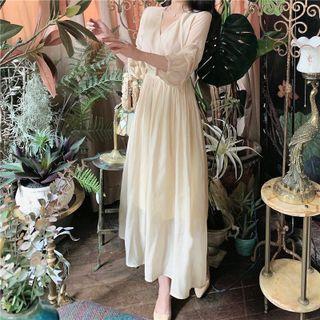 V-neck Plain A-line Dress Champagne - One Size