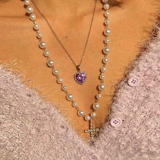 Set: Cross Faux-pearl Necklace + Heart-pendant Necklace Ivory & Silver - One Size