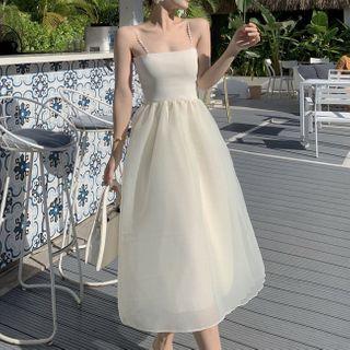 Spaghetti Strap Mesh Panel Midi Dress Off-white - One Size