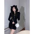 Long-sleeve Horn Hooded Zip-up Mini Sheath Dress Black - One Size