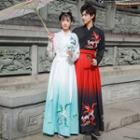 Couple Matching Set: Fox Embroidered Cheongsam + Midi A-line Skirt + Open Front Jacket