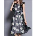 Frill Trim Floral Print Sleeveless Midi A-line Dress