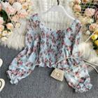 Square-neck Ruched Floral Long-sleeve Cropped Chiffon Shirt