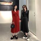 Long-sleeve V-neck Tie-waist Plain Dress