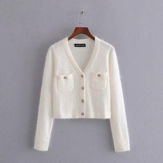 Long-sleeve V-neck Knit Cropped Cardigan