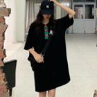Buttoned Elbow-sleeve Mini T-shirt Dress Black - One Size