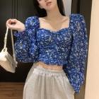 Puff-sleeve Floral Crop Blouse As Figure - One Size