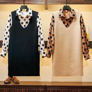 Set: Long-sleeve Dotted Corduroy Blouse + Knit Pinafore Dress