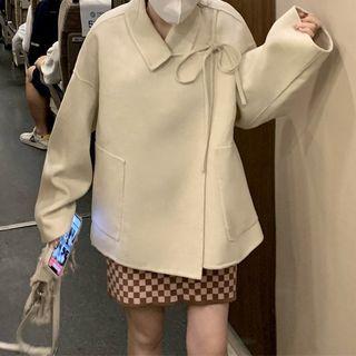 Long-sleeve Plain Woolen Coat / Plaid Spaghetti Strap Dress