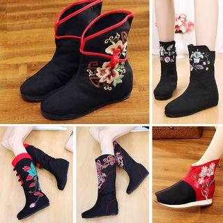 Canvas Embroidered Floral Hidden Wedge Boots
