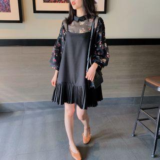 Floral Print Balloon-sleeve Accordion Pleat Mini A-line Dress