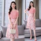 Short-sleeve Cold Shoulder Crinkled Paneled Floral A-line Dress