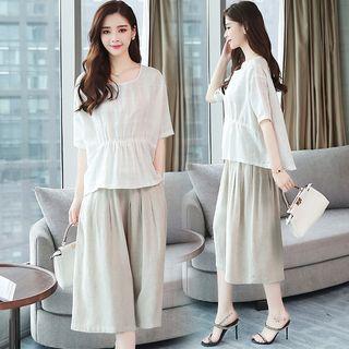 Set: Elbow-sleeve Top + Capri Wide-leg Pants