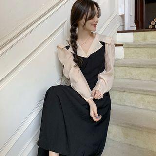 Shirred Blouse / Midi A-line Pinafore Dress