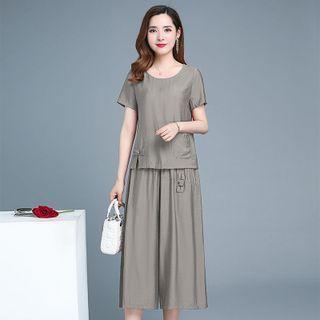 Set: Short-sleeve Plain Blouse + Cropped Wide-leg Pants