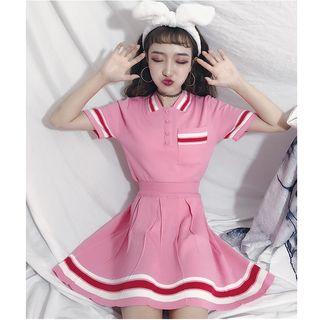 Set: Color Block Short-sleeve Knit Top + High Waist A-line Skirt