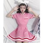 Set: Color Block Short-sleeve Knit Top + High Waist A-line Skirt