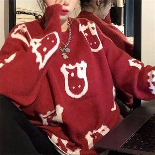 Cartoon Patterned Crewneck Sweater Red - One Size