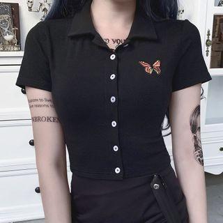 Butterfly Embroidered Short-sleeve Polo Shirt