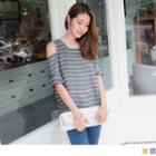 Ruffled Sleeve Cold Shoulder Striped Top