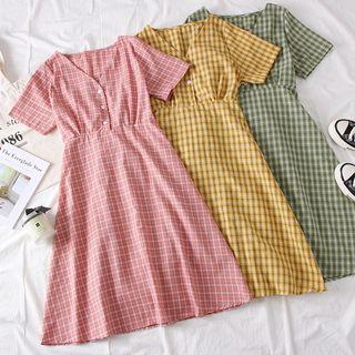 Ribbon-back Checked Shirtdress
