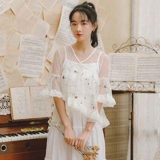 Set: Floral Embroidered Mesh Top + Slipdress