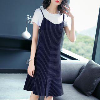 Set: Short-sleeve T-shirt + Spaghetti Strap Striped Midi A-line Dress