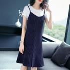 Set: Short-sleeve T-shirt + Spaghetti Strap Striped Midi A-line Dress