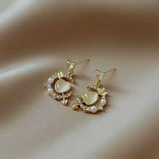 Heart Moon Faux Cat Eye Stone Rhinestone Alloy Dangle Earring 1 Pair - Gold Heart - Silver - One Size