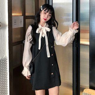 Mock Two-piece Bow Accent Long-sleeve Mini Dress