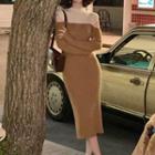 Long-sleeve Cold Shoulder Two-tone Knit Midi Sheath Dress