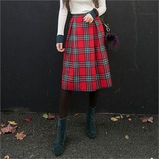 Pleated Plaid A-line Midi Skirt