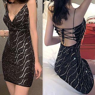 Spaghetti Strap Sequined Open Back Mini Bodycon Dress