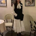 Set: Tie-neck Plain Dress + Double-button Vest