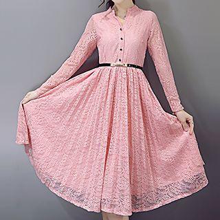 Split-neck Long-sleeve Lace Dress