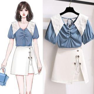 Puff-sleeve Collared Blouse / Mini A-line Skirt / Set