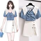 Puff-sleeve Collared Blouse / Mini A-line Skirt / Set