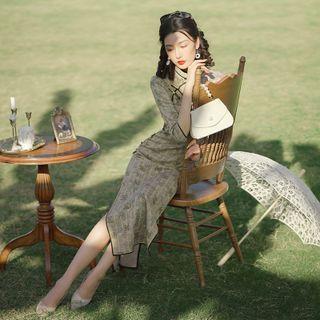 Elbow-sleeve Knit Plaid Sheath Qipao