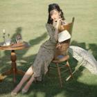 Elbow-sleeve Knit Plaid Sheath Qipao