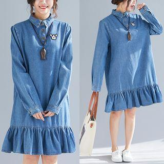 Ruffle Hem Long-sleeve Denim Collared Dress