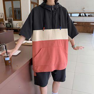Elbow-sleeve Color Block Half-zip Hooded Top