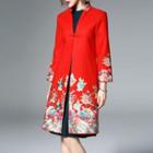 Flower Embroidered 3/4-sleeve Button Coat