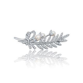 Simple Temperament Leaf Imitation Pearl Brooch With Cubic Zirconia Silver - One Size