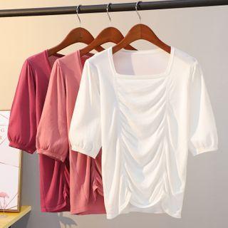 Ruched Elbow-sleeve Knit Top
