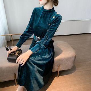 Long Sleeve Mock Neck Pleated Velvet A-line Dress