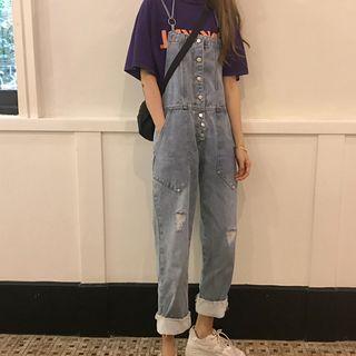 Spaghetti Strap Ripped Straight-leg Denim Jumper