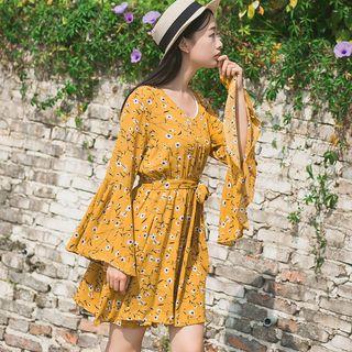 Floral Print Bell-sleeve Chiffon Dress With Sash